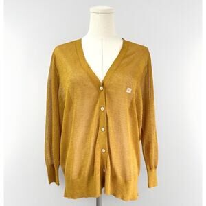 LOFT NWT Metallic Viscose Cardigan Sweater Sz L Retro Mustard Gold Lightweight